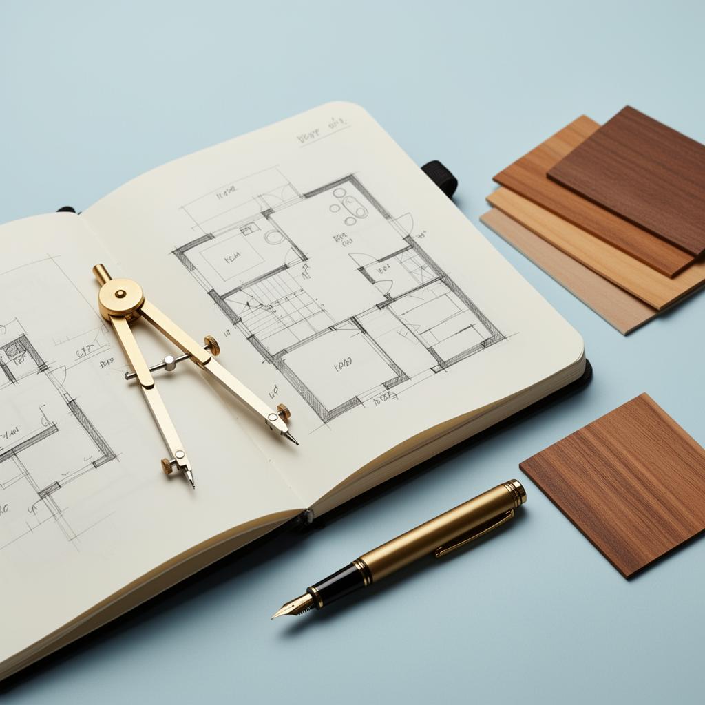 Architectural notebook with hand-drawn floor plans, brass compass, fountain pen, and wood swatches.